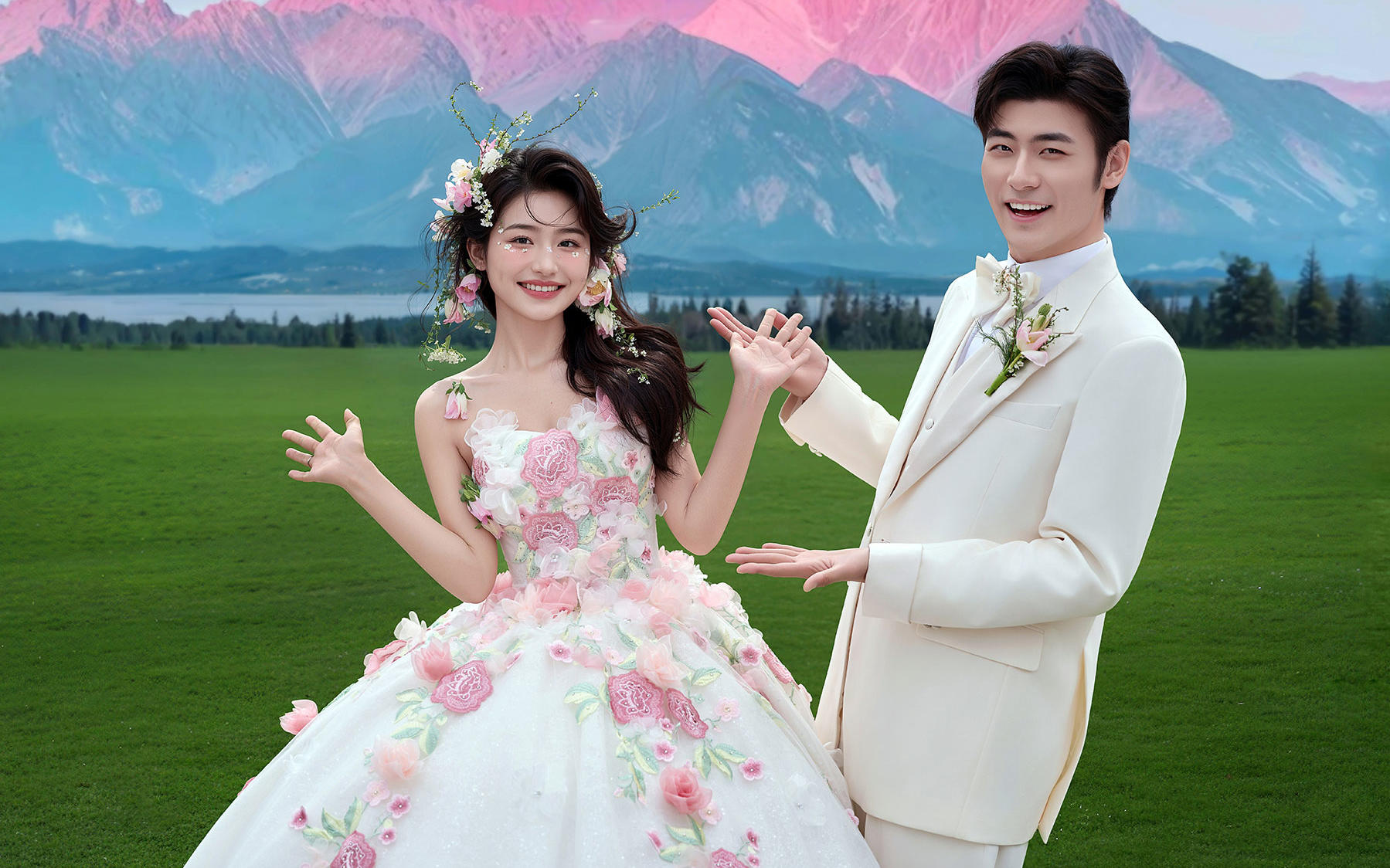 粉峦青野花裙婚照，甜笑裹满柔粉山风🌸