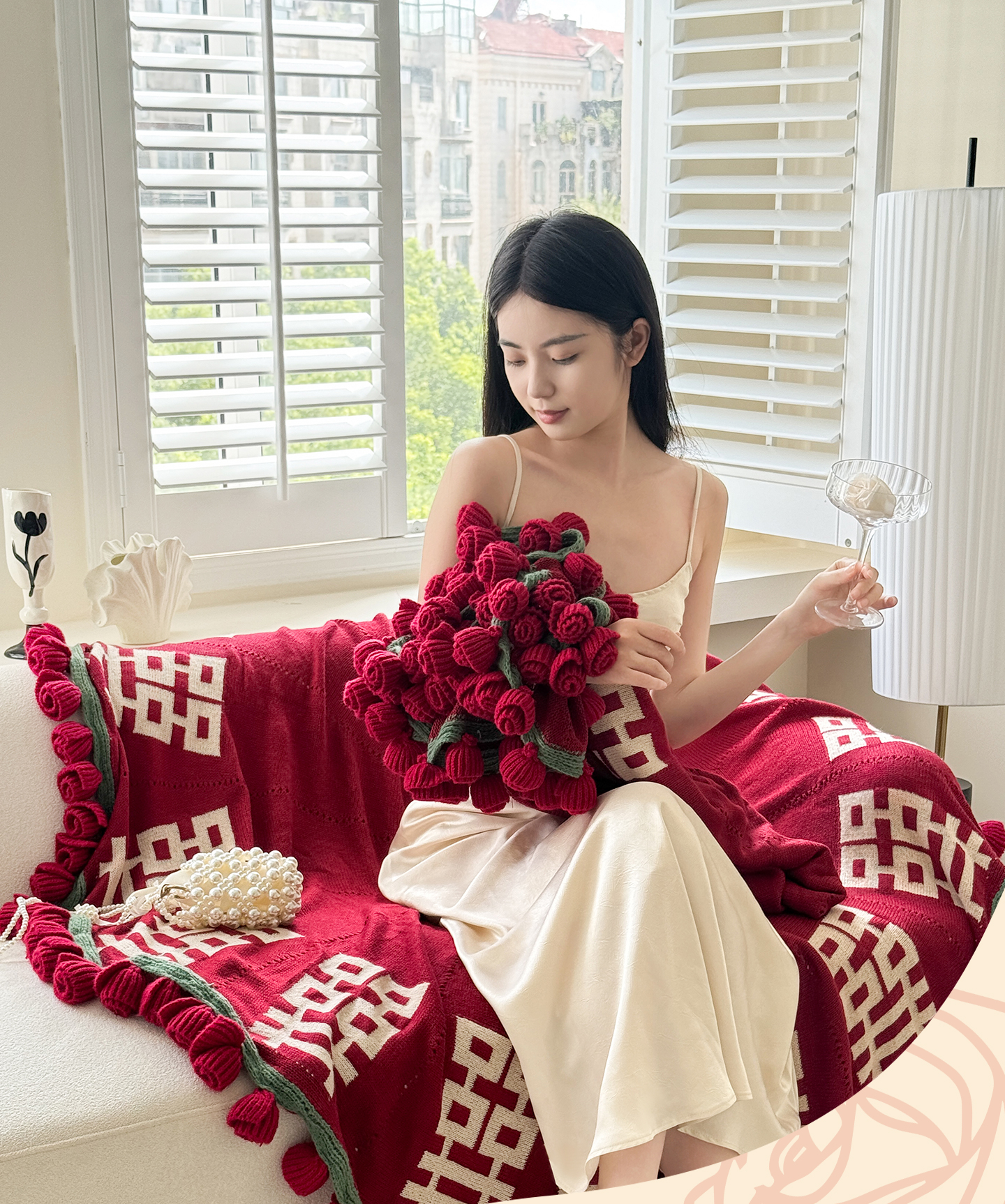 新款结婚订婚红双喜玫瑰花花束针织毯毛毯披肩盖毯