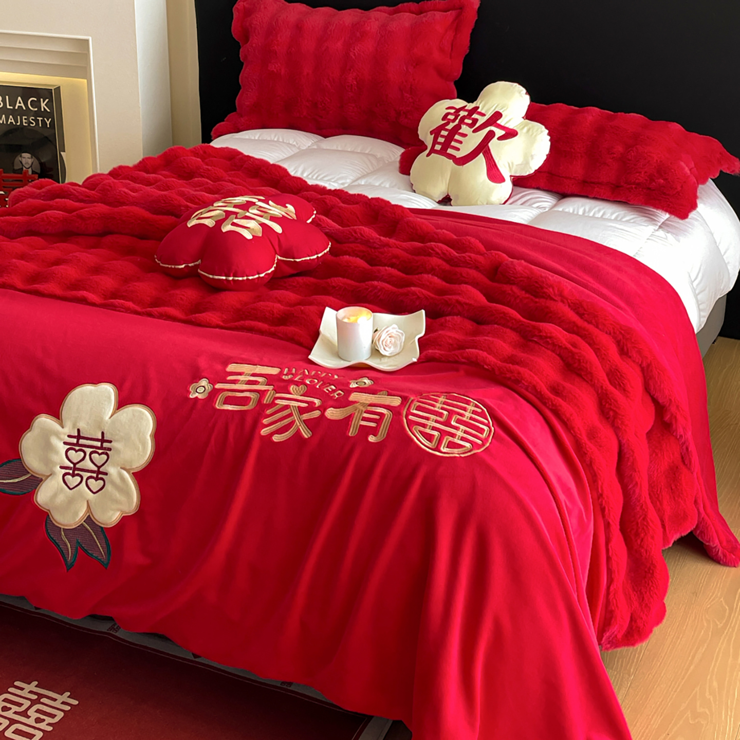 新款婚庆兔毛绒多功能毛毯被套两用豆豆被
