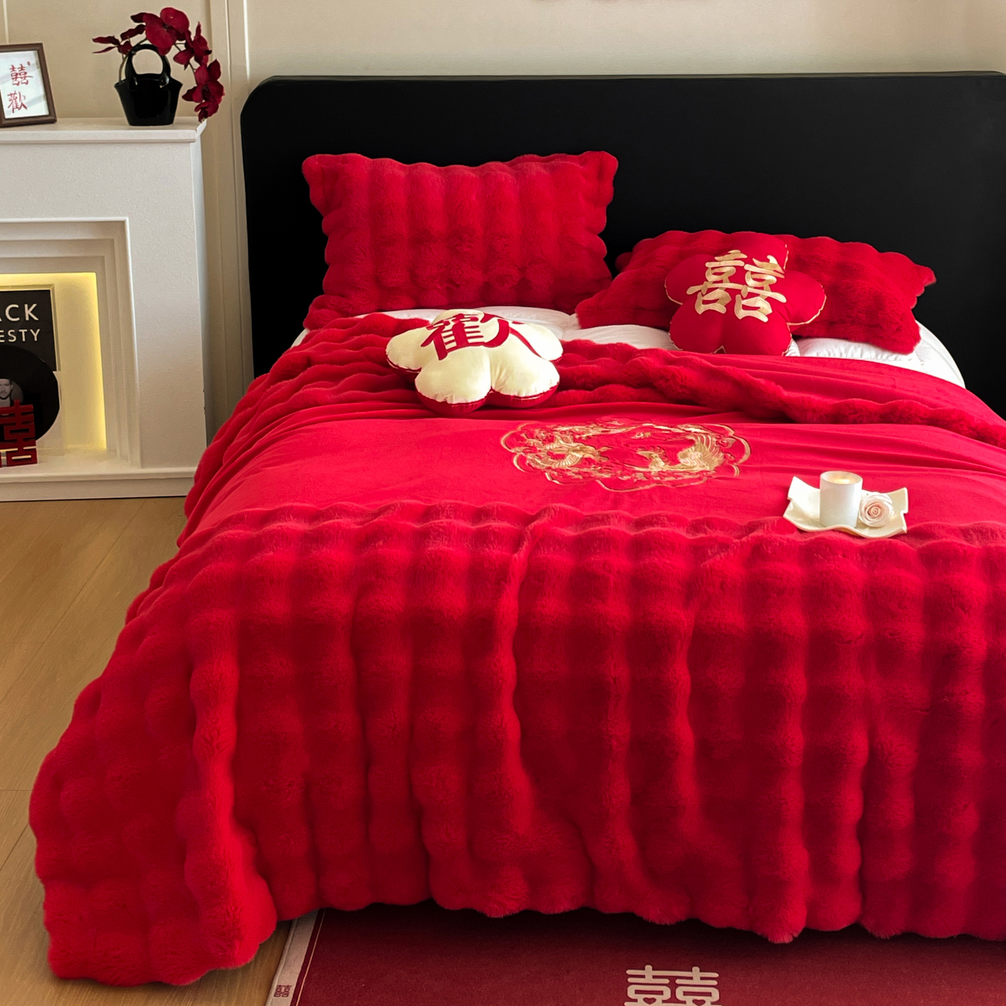新款婚庆兔毛绒多功能毛毯被套两用豆豆被