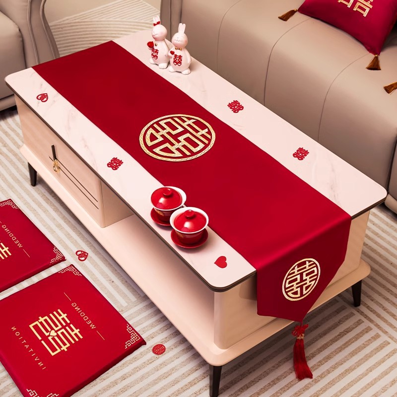桌旗新中式喜字刺绣桌旗红色茶几桌布婚房布置装饰