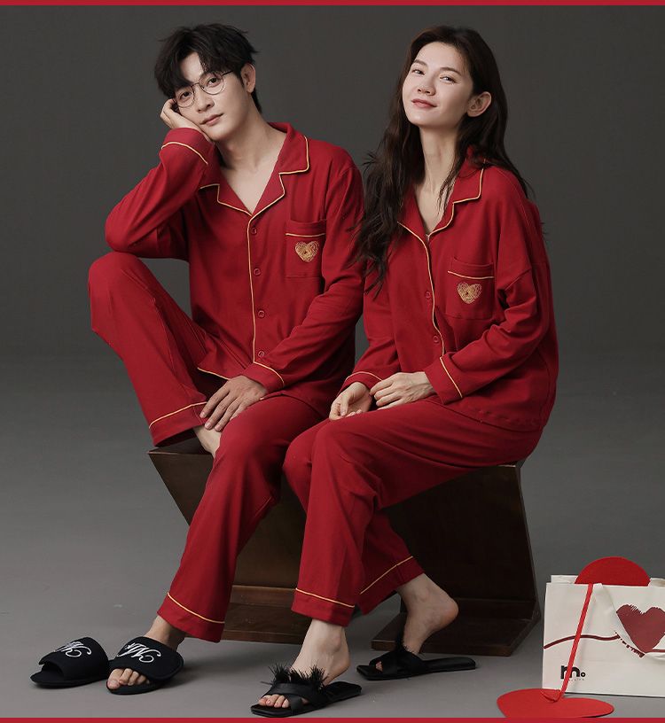 红色新婚家居服套装女春秋款带胸垫