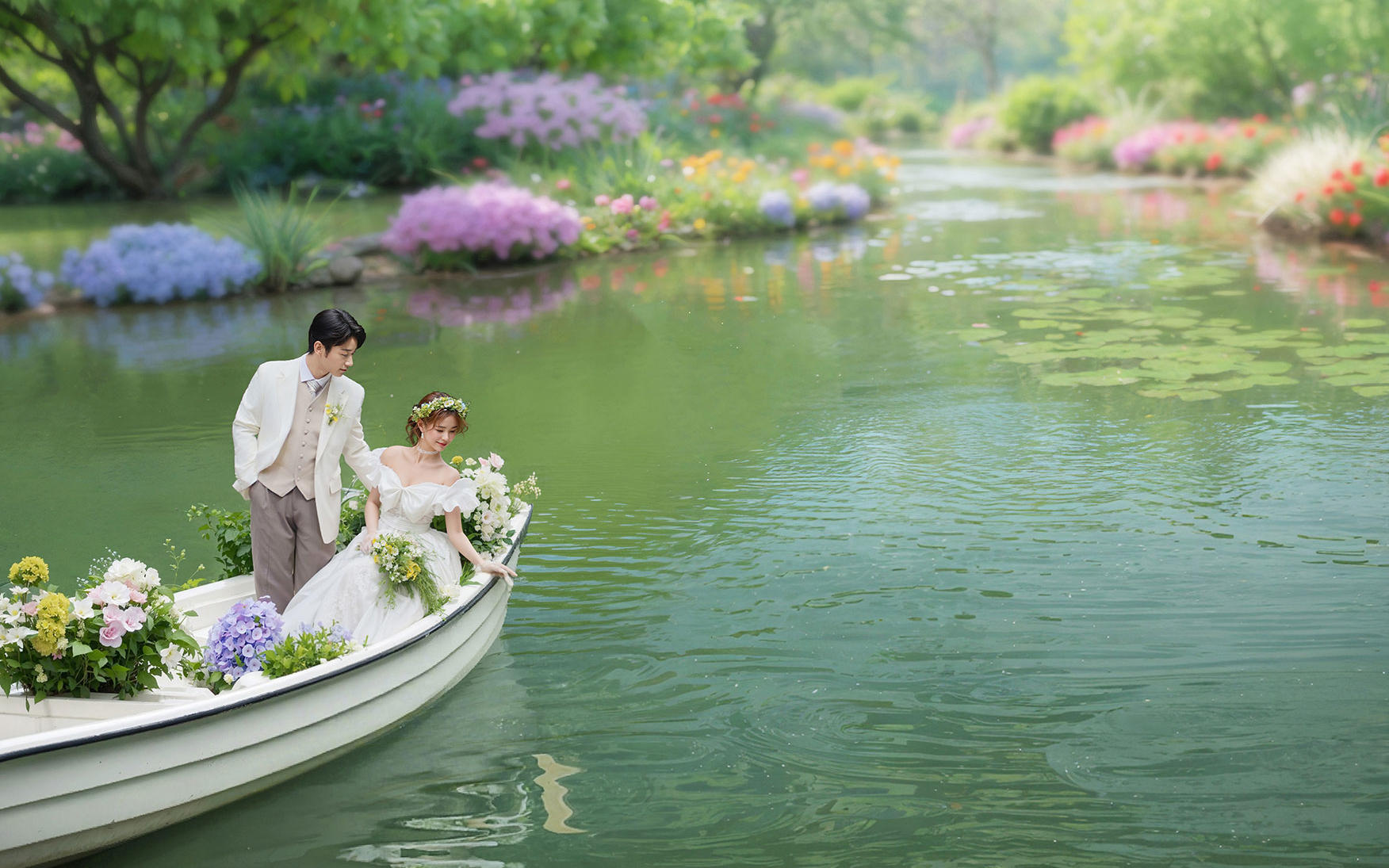 湖船载白纱～花海裹满AI湖泊婚纱照甜意