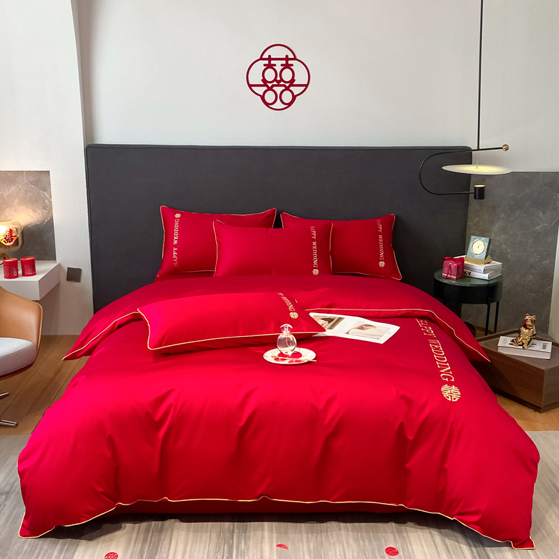 婚慶四件套新中式磨毛刺繡965587（床單+被套+2個枕套）