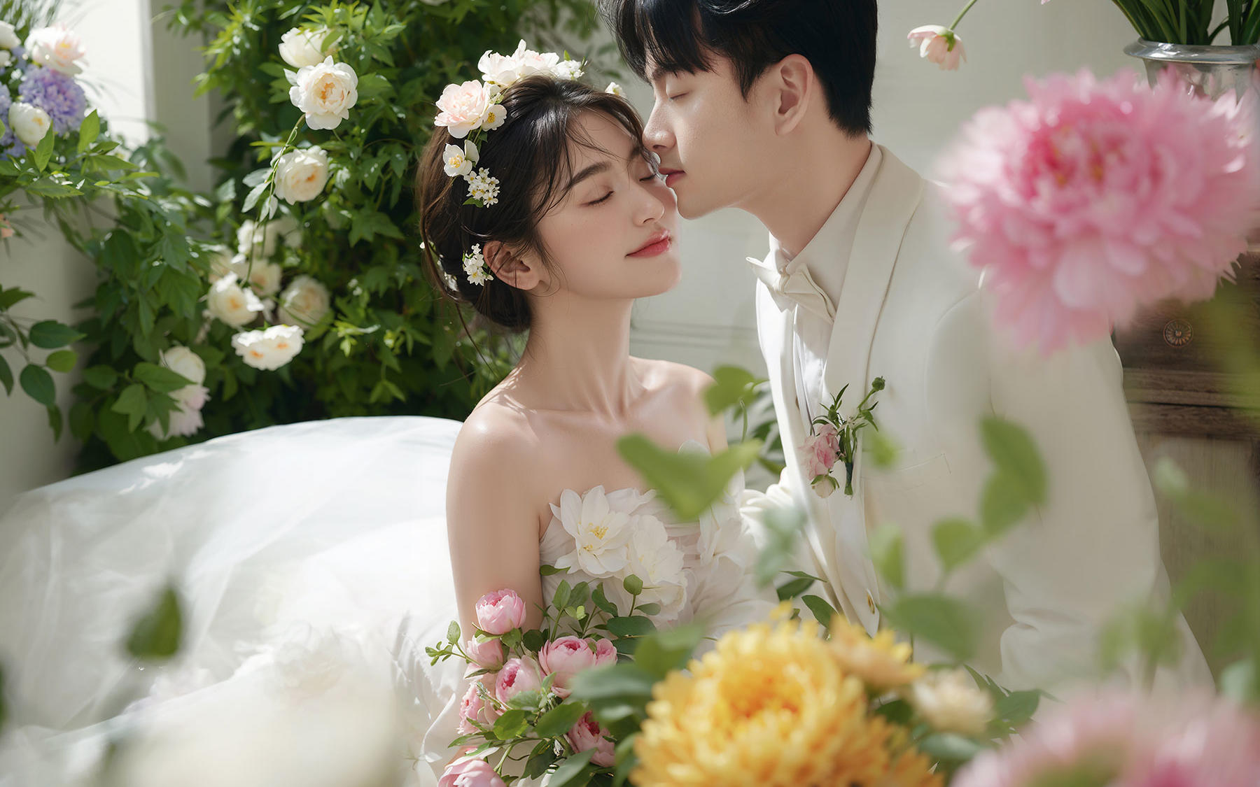 花簇盈室白纱婚照，甜笑裹满明亮花香🌷