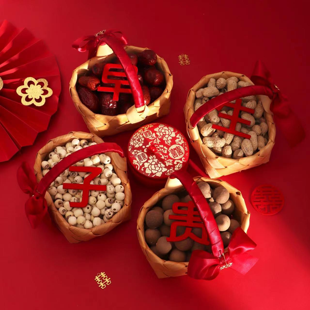 早生贵子手提篮订婚摆件篮子压床婚房布置干果模具