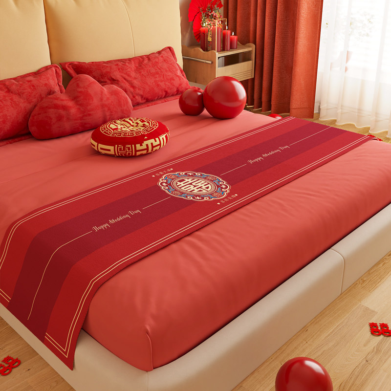 床旗床盖巾红色婚床装饰盖布巾结婚床尾毯搭巾