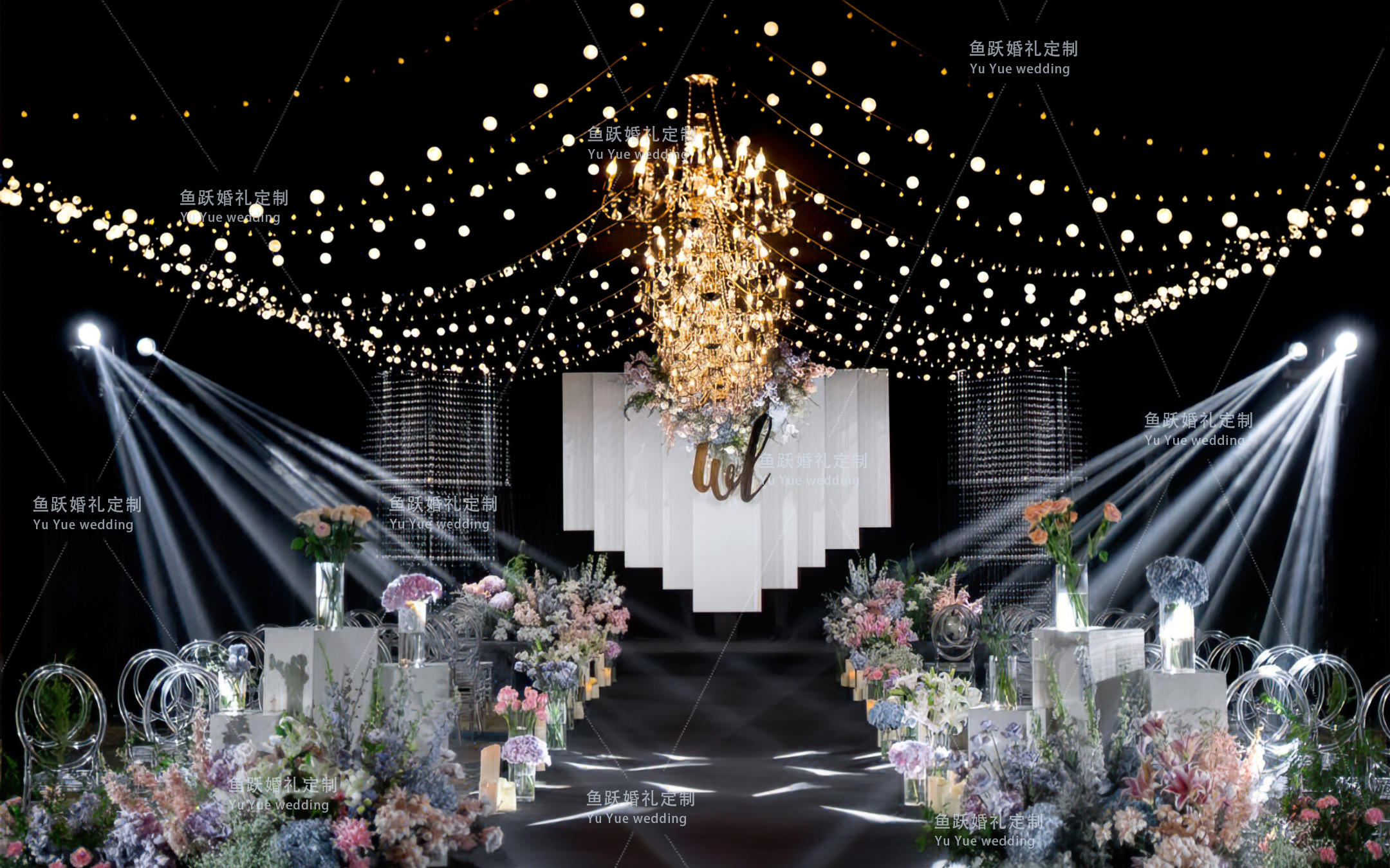 鱼跃婚礼·  法式浪漫结合韩式清新水晶灯吊顶婚礼