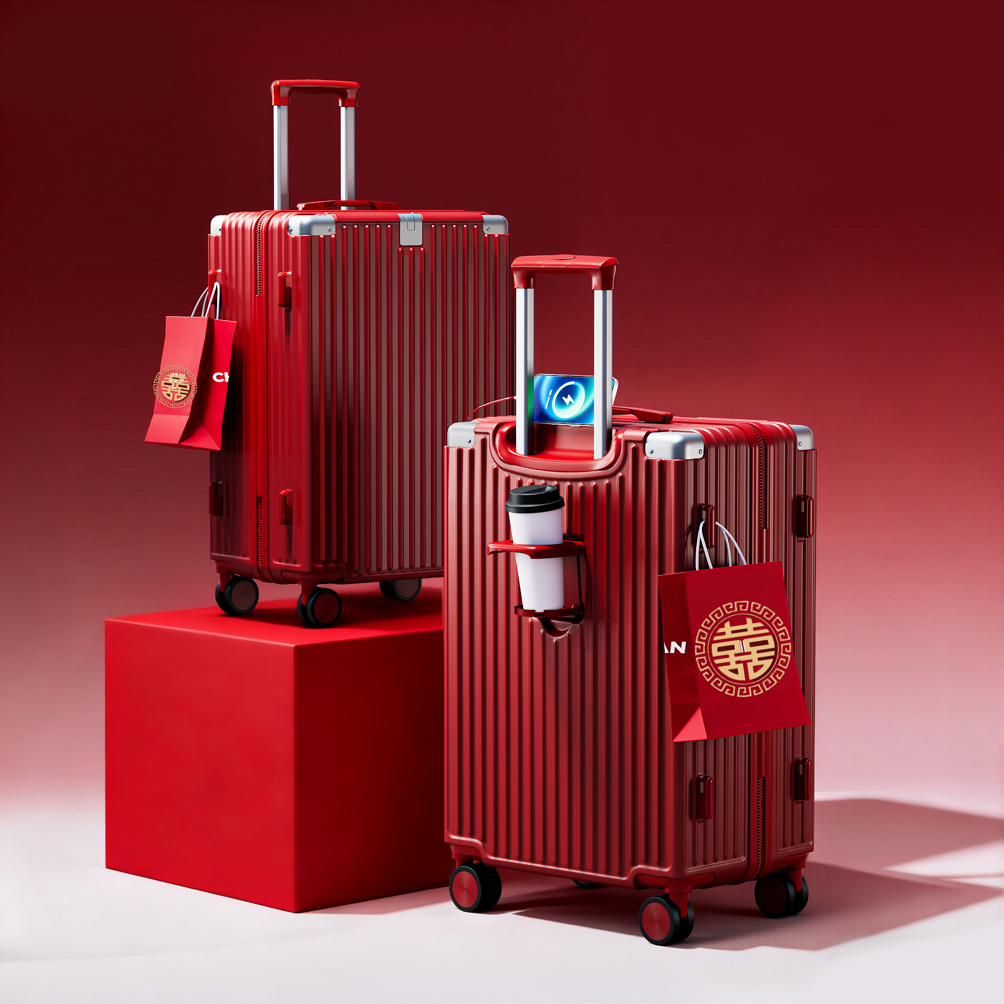 萬向輪 紅色行李箱陪嫁箱新娘嫁妝 209拉鏈款