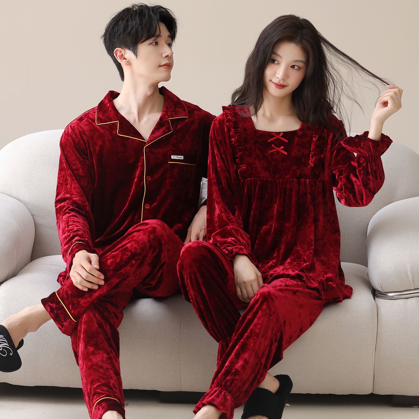 秋冬季钻石金丝绒加厚情侣睡衣