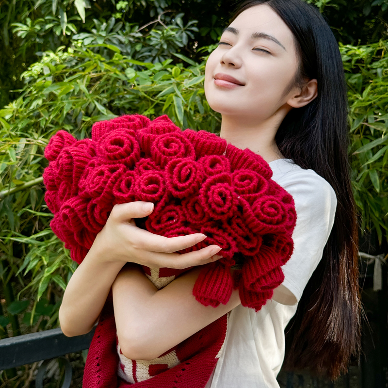 新款结婚订婚红双喜玫瑰花花束针织毯毛毯披肩盖毯