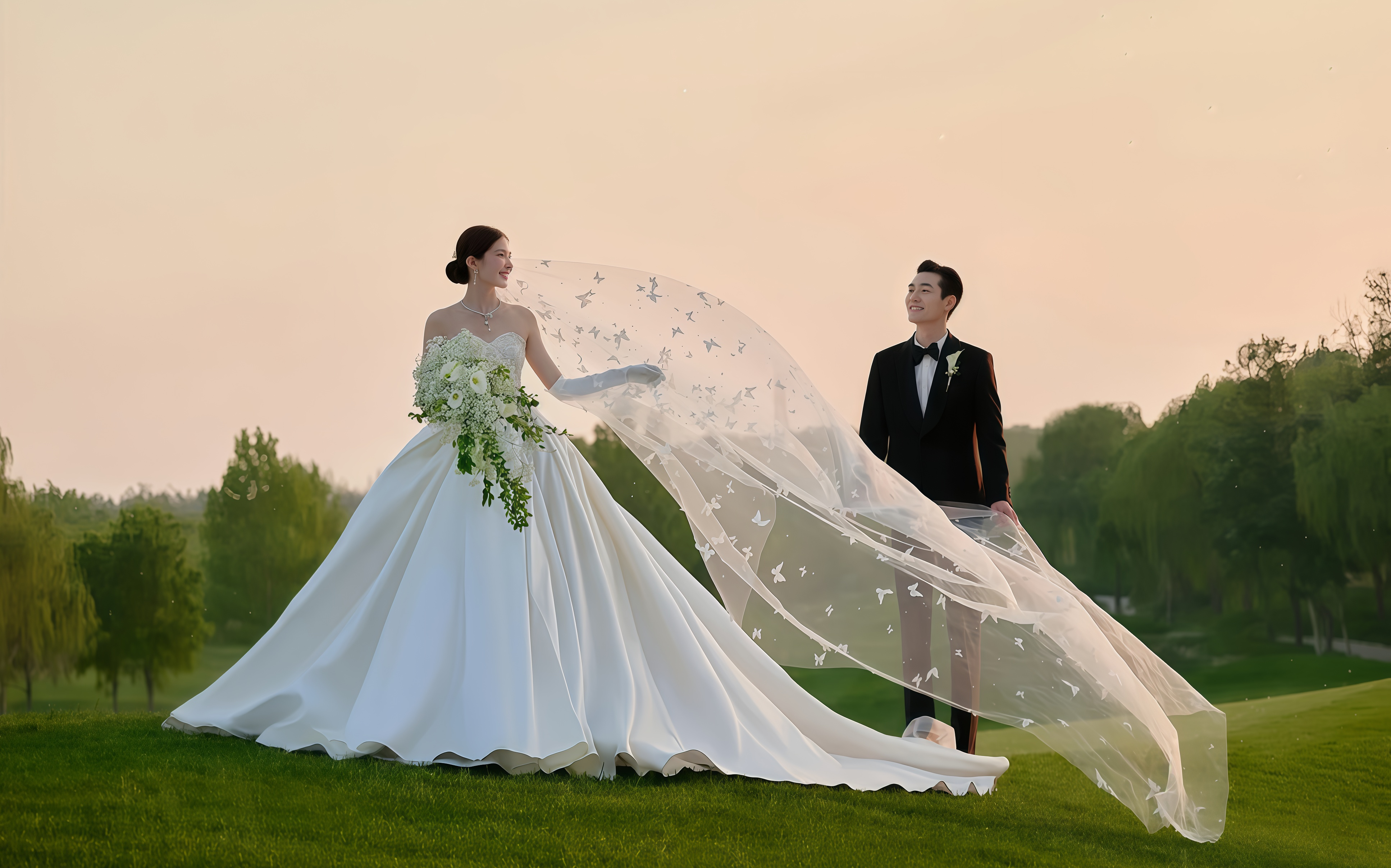 好心动啊！夕阳草坪婚纱照张张都是电影截图