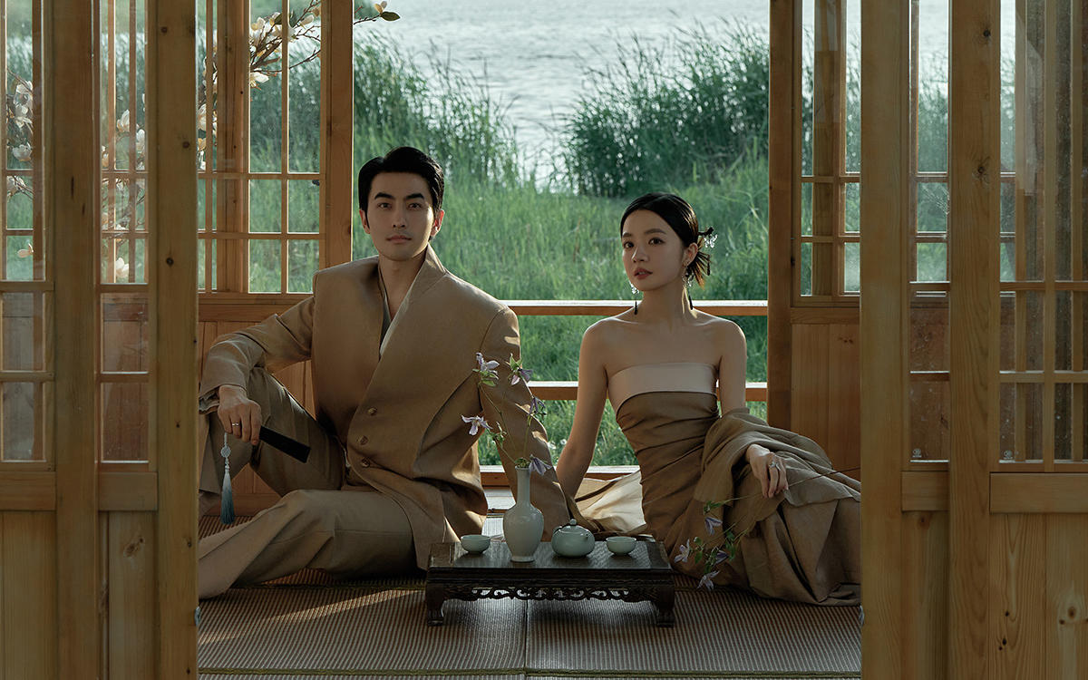在湖边茶室拍新中式婚纱照❤集雅韵于身