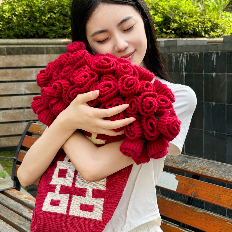 新款结婚订婚红双喜玫瑰花花束针织毯毛毯披肩盖毯