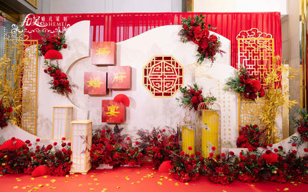 热门中国风新中式婚礼场景布置《缘》香槟色＋红色