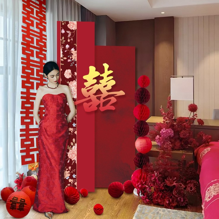 婚礼迎宾板布置 酒店居家装饰  男女方新房卧室中式订婚宴