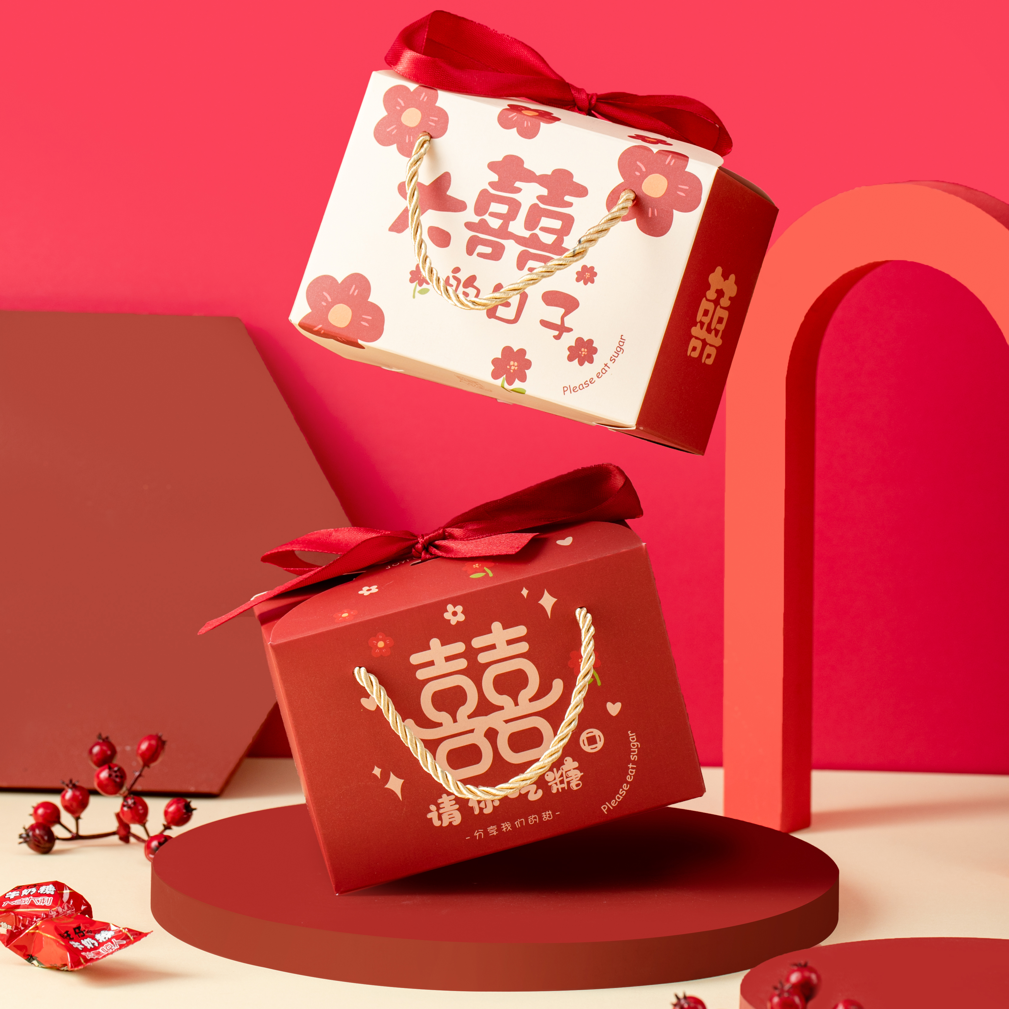 【空盒】新中式風(fēng)浪漫小紅花手提糖盒