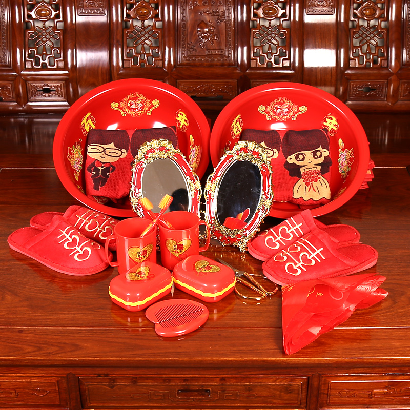 结婚中式女方陪嫁喜盆套餐婚礼新娘出嫁嫁妆毛巾洗漱用品套装