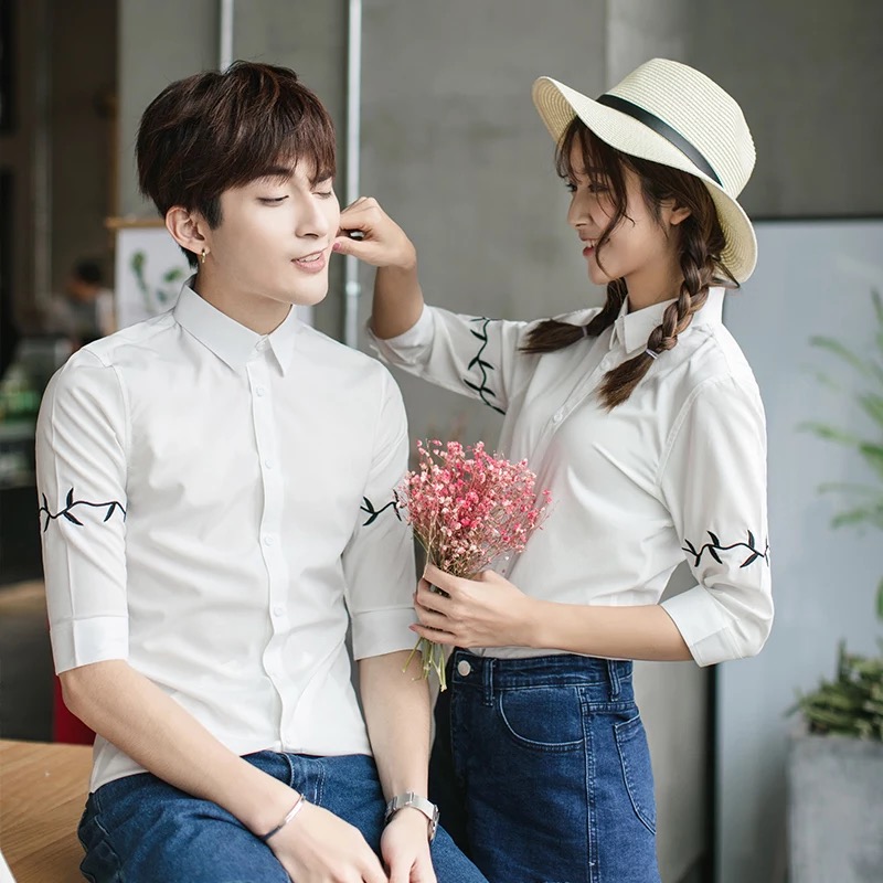 结婚登记证件照情侣服装男女短袖白衬衣领证拍照上衣服圆领衬衫潮