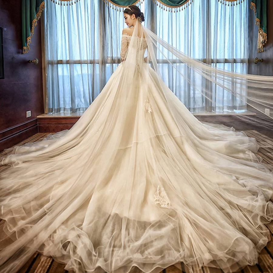 2016春新款韩式新娘结婚一字肩婚纱拖尾大码显瘦定制