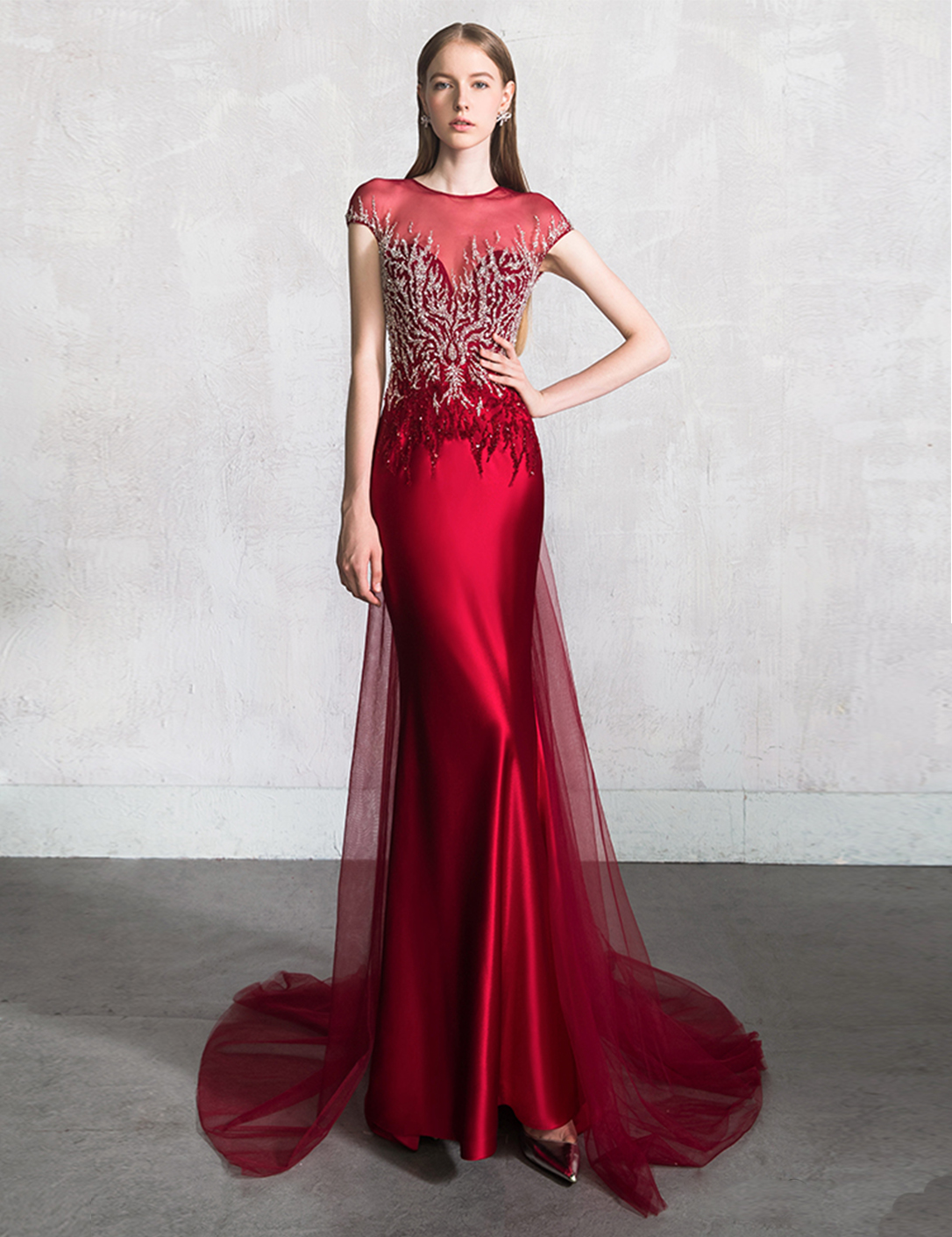 红色缎面轻纱鱼尾透视礼服敬酒服