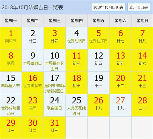 2018黄历吉日查询结婚