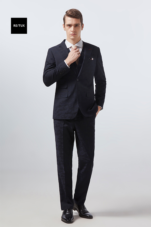 男士藏蓝色云纹提花英伦复古西装婚礼宴会三件套