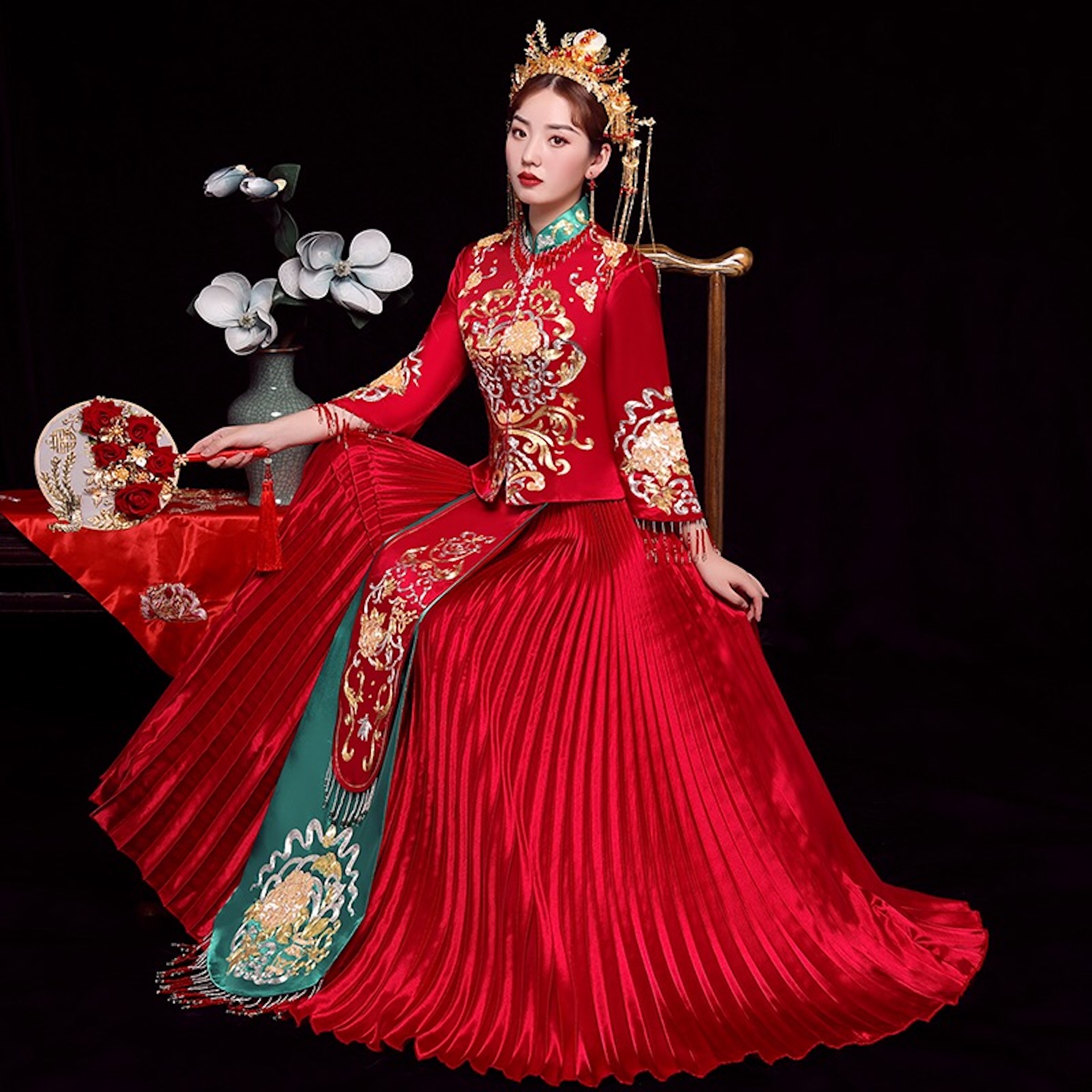 中式新娘服撞色流苏古装嫁衣