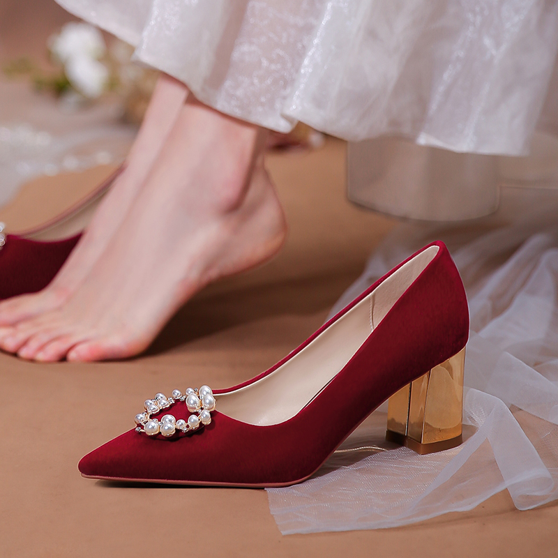 紅色婚鞋女粗跟新娘鞋子 新款高跟鞋結婚禮服伴娘單鞋