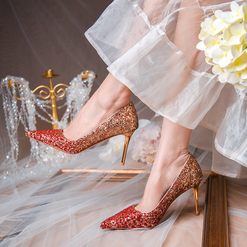 主婚紗婚鞋女水晶鞋新款春夏紅色高跟鞋細跟