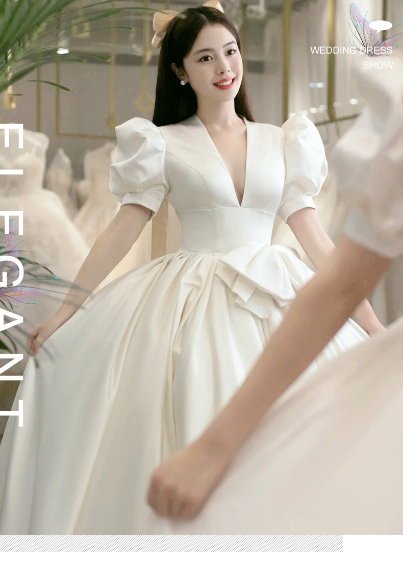 法式缎面拖尾新娘泡泡袖显瘦婚纱