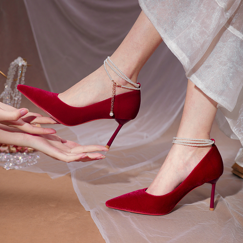 秀禾婚鞋女平底絨面紅色鞋子女珍珠可拆卸綁帶中式婚禮結婚鞋子新娘單鞋