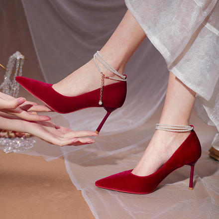 秀禾婚鞋女平底絨面紅色鞋子女珍珠綁帶中式婚禮結婚鞋子新娘單鞋