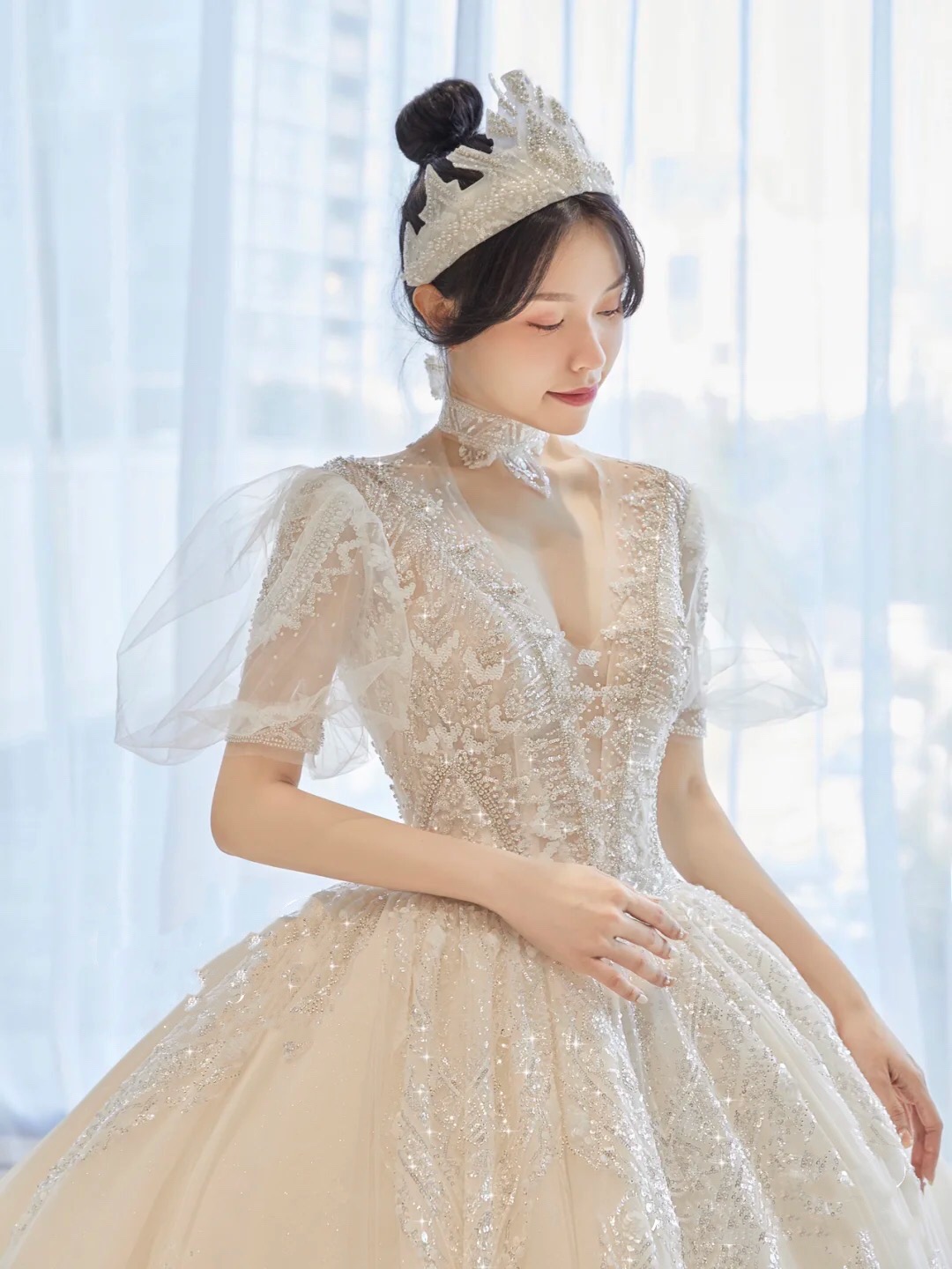 复古泡泡袖婚纱