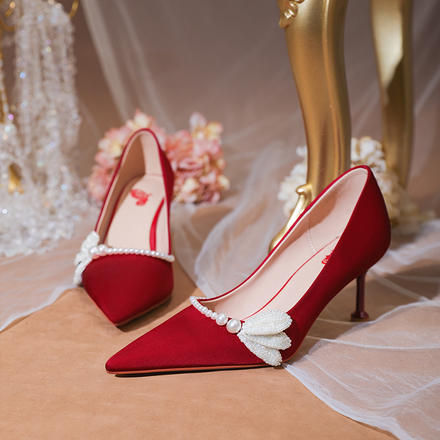 中式婚鞋2022年新款緞面新娘高跟鞋女細跟