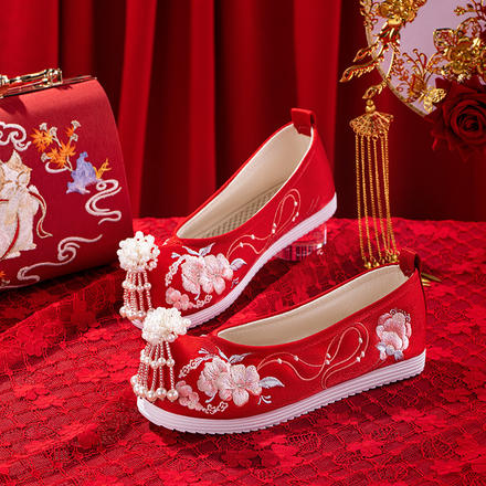 【平底】花開錦繡秀禾鞋紅色婚鞋中式婚禮新娘繡花鞋