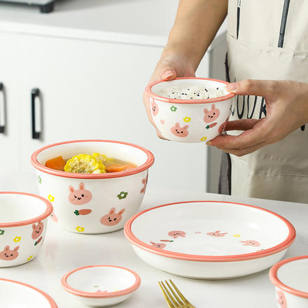 可愛兔子陶瓷碗 耐高溫防燙碗盤碟套裝