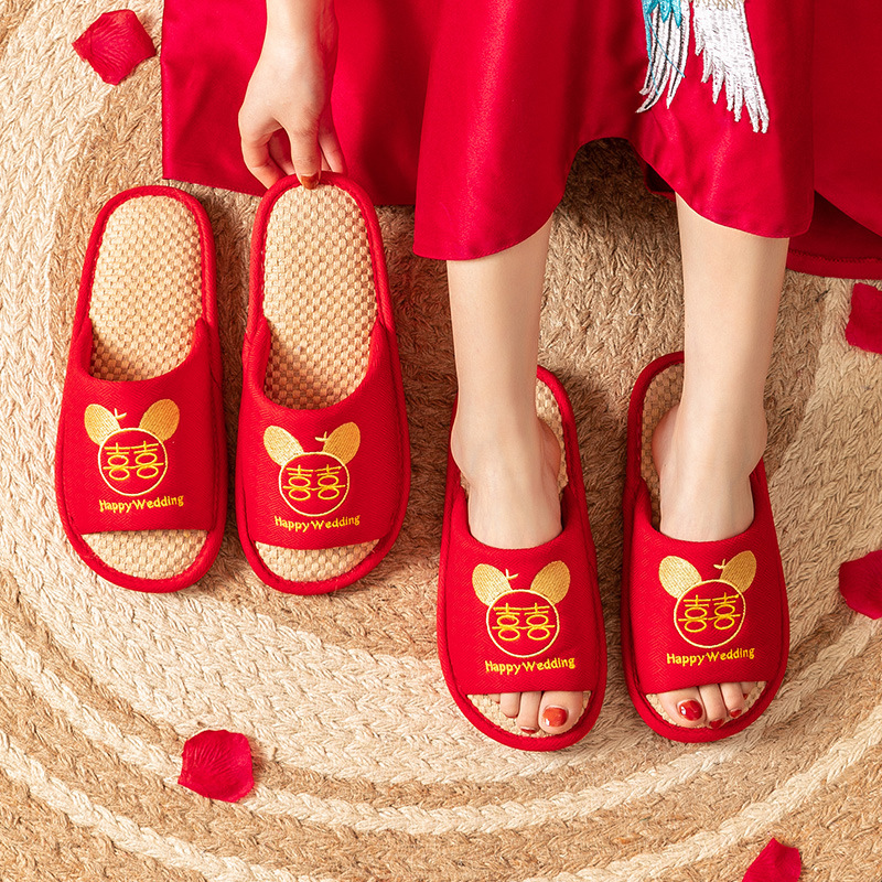 結婚拖鞋棉麻大紅色一對情侶居家拖鞋