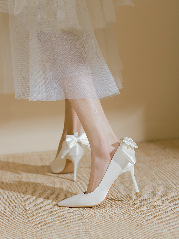 小眾法式緞面新娘高跟鞋細跟蝴蝶結單鞋
