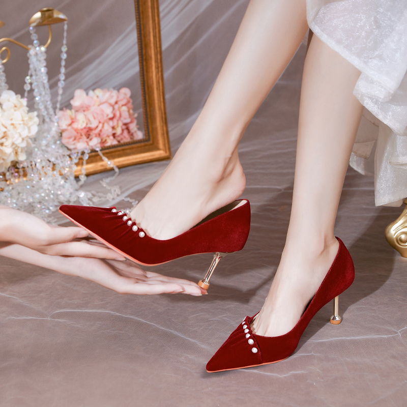 秀禾服婚鞋結婚新娘鞋酒紅色高跟鞋女氣質細跟絨面敬酒鞋珍珠單鞋