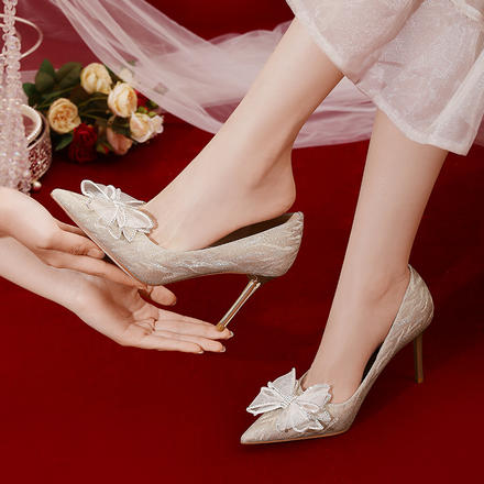 法式主婚鞋新款婚紗新娘鞋銀色高跟鞋女夏蝴蝶結中跟伴娘鞋