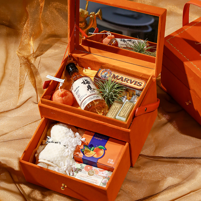 橙意滿滿結婚伴娘婚禮回禮送閨蜜高檔絲絨雙層化妝箱禮盒創意禮物