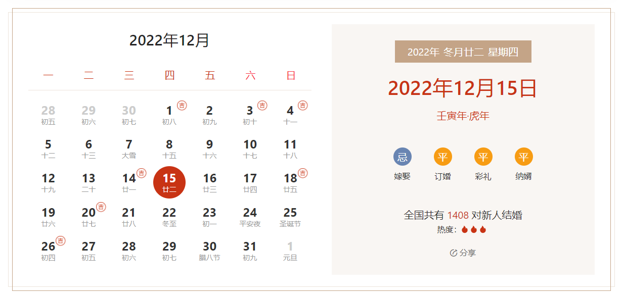 2022年12月15日是结婚吉日吗 适合结婚吗
