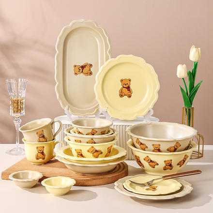 小熊雙色餐具碗碟碗筷陶瓷飯碗瓷碗湯面碗ins風可愛盤子