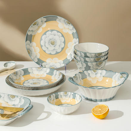 【包郵】新中式北歐風陶瓷碗碟套裝飯碗飯勺雙耳碗斗笠碗盤子