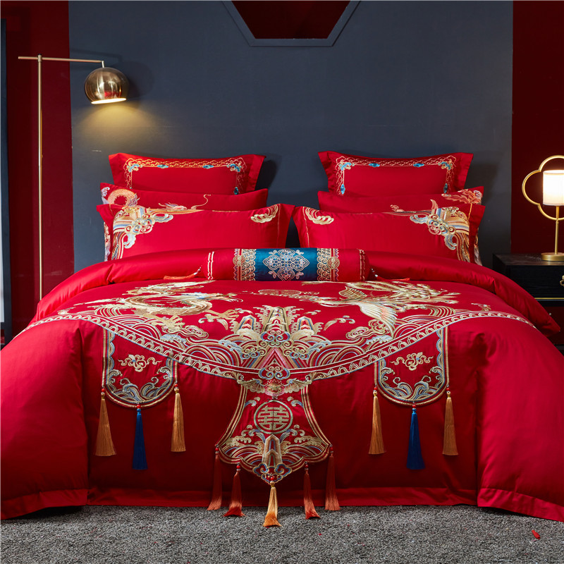 龍鳳喜韻婚慶120S全棉高檔刺繡四件套大紅結婚婚房床上用品多件套