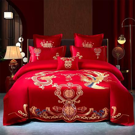 【包郵】結婚床品大紅色婚慶中高端刺繡陪嫁床上用品四件套多件套