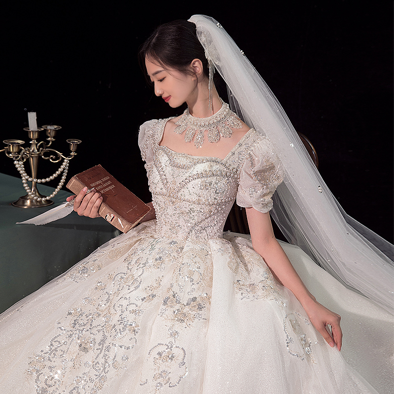 婚紗新娘2023新款超級重工輕奢復古一字肩法式迎賓主紗儀式紗