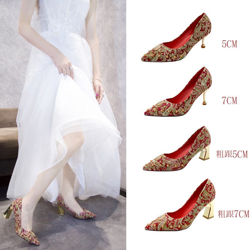 中式時尚花布 水鉆細跟粗跟可選孕婦可穿紅色敬酒婚鞋