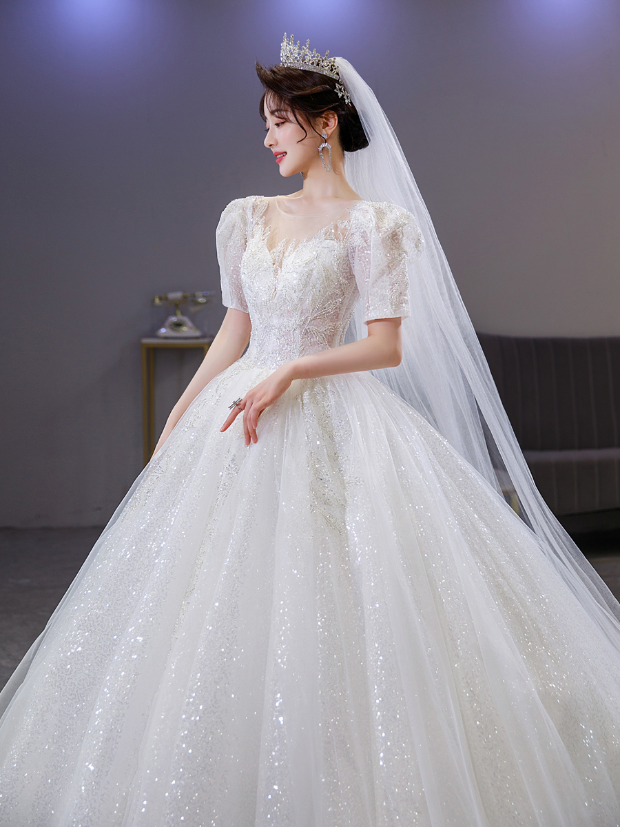 婚纱2023新款新娘大拖尾 法式高级质感遮粗手臂 复古泡泡袖主婚纱